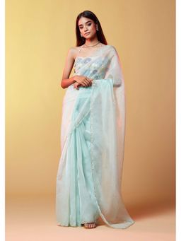PHATAKAA - Blue Silk Organza Hand Embroidered Saree without Blouse