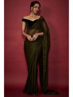 PHATAKAA - Olive Zari Chiffon Saree Without Blouse
