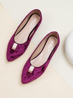 Sherrif Shoes - Women Velvet Finish Pointed Toe Gold-Tone Accent Maroon Ballerina