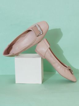 Sherrif Shoes - Women Solid Embellished Buckle Detail Nude Ballerina