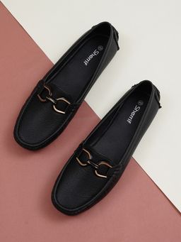 Sherrif Shoes - Women Solid Black Loafers with Gunmetal Horsebit Detail