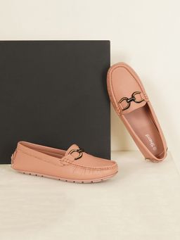 Sherrif Shoes - Women Solid Pink Loafers with Gunmetal Horsebit Detail