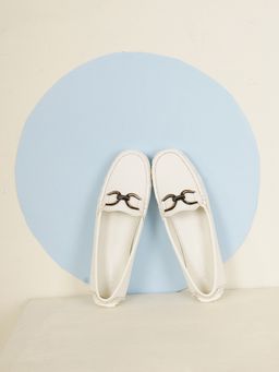 Sherrif Shoes - Women Solid White Loafers with Gunmetal Horsebit Detail