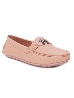 Sherrif Shoes - Women Solid Pink Loafers with Dual Metal Bit Detail
