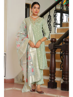 Vaasva Jaipur - Women Green Tissue Brocade Embroidered Kurta Pant with Dupatta (Set of 3)