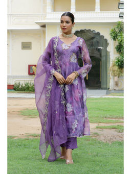 Vaasva Jaipur - Women Purple Embroidered Anarkali Kurta with Solid Pant and Dupatta (Set of 3)