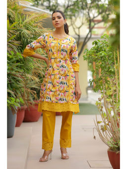 Vaasva Jaipur - Women Yellow Printed Kurta with Laced Solid Pant (Set of 2)