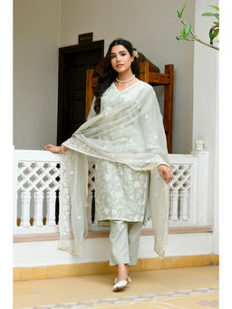 Vaasva Jaipur - Women Pista Linen Embroidered Kurta with Pant and Dupatta (Set of 3)