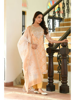 Vaasva Jaipur - Women Peach Tissue Linen Embroidered Kurta Pants and Printed Dupatta (Set of 3)