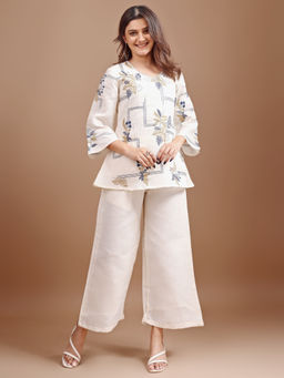 Tikhi Imli - Off White Linen Contrast Thread Embroidery Top with Palazzo (Set of 2)