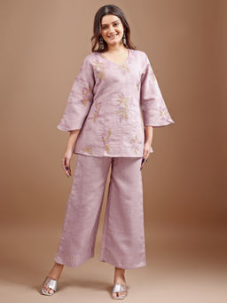 Tikhi Imli - Mauve Linen Contrast Thread Embroidery Top with Palazzo (Set of 2)