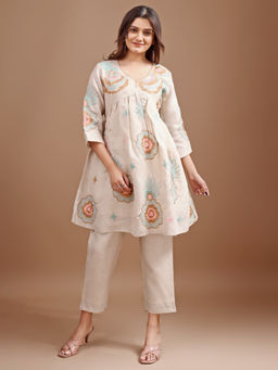 Tikhi Imli - Beige Linen Multi Thread Embroidery Flared Kurta with Pant (Set of 2)