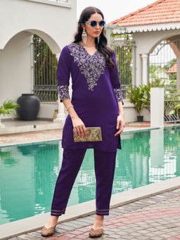 Tikhi Imli - Purple Silk Blend Codding and Thread Embroidered Kurta with Pant (Set of 2)