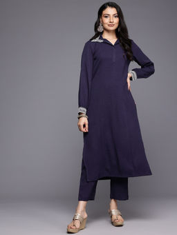 Varanga - Purple Dori Embroidered Collar Kurta with Pant (Set of 2)
