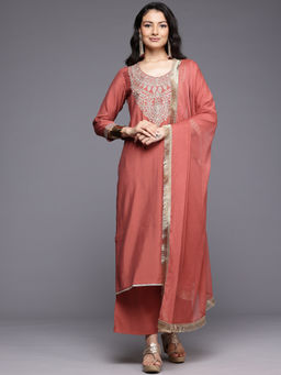 Varanga - Women Rust Zari Embroidered Yoke Straight Kurta Pant with Dupatta (Set of 3)