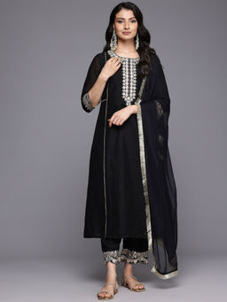 Varanga - Women Black Zari Embroidered Kurta Set with Dupatta (Set of 3)