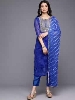 Varanga - Women Blue Leheriya Zari Embroidered Kurta Pant with Dupatta (Set of 3)