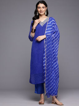 Varanga - Women Blue Leheriya Zari and Sequins Embroidered Kurta Pant with Dupatta (Set of 3)