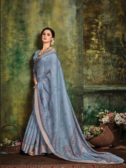 EXCLUSIVA - Grey Cotton Saree with Unstitched Blouse