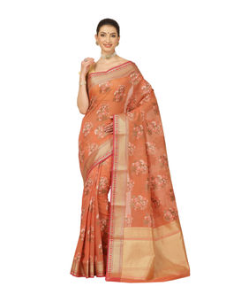 Banarasi Silk Works - Women Peach Handloom Cotton Saree with Unstitched Blouse