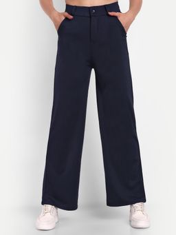 BROADSTAR - Women High-Rise Stretchable Navy Blue Color Straight Fit Korean Trousers