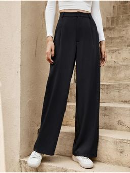 BROADSTAR - Women High-Rise Stretchable Black Color Loose Fit Korean Trousers