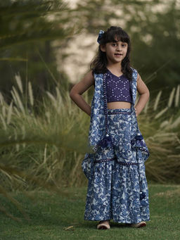Fayon Kids - Blue Mirror Embroidery Crop Top and Printed Sharara (Set of 2)