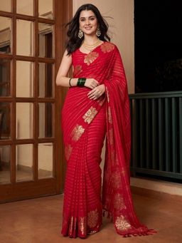 Akhilam - Red Stripes Saree with Unstitched Blouse