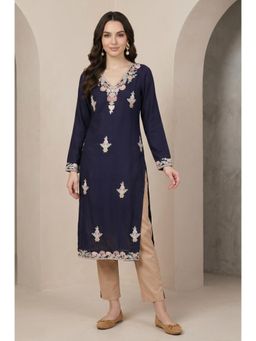 Aurelia - Navy Blue Embroidered V-Neck Kurta