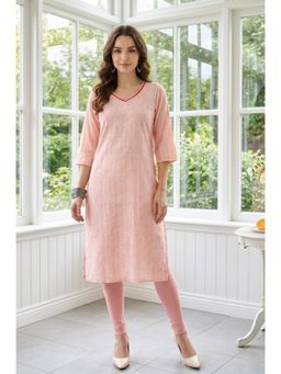 Aurelia - Peach Self Design V-Neck Kurta