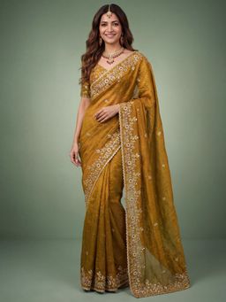 Akhilam - Gold Embellished/Sequined Saree with Unstitched Blouse