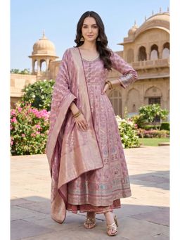 Aurelia - Mauve Embroidered Round Neck Anarkali Kurta Palazzo with Dupatta