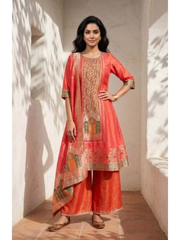 Aurelia - Orange Embroidered Round Neck Kurta Palazzo with Dupatta