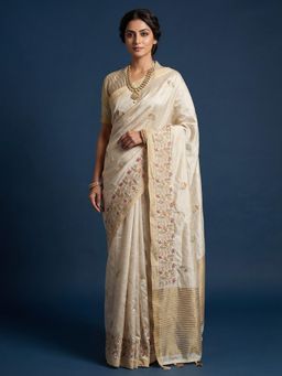 Akhilam - Cream Embroidered Saree with Unstitched Blouse