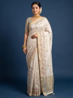 Akhilam - Cream Embroidered Saree with Unstitched Blouse