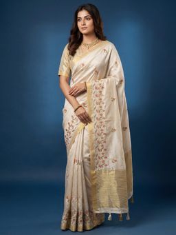Akhilam - Cream Embroidered Saree with Unstitched Blouse
