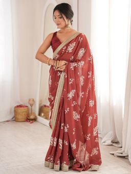 Akhilam - Rust Embroidered Saree with Unstitched Blouse