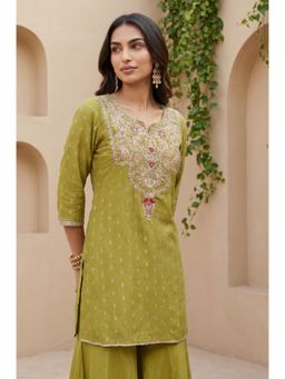 Aurelia - Olive Embroidered Round Neck Kurta