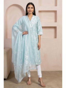 Aurelia - Blue Embroidered V-Neck Kurta Leggings with Dupatta