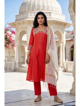 Aurelia - Red Embroidered V-Neck Kurta Pant with Dupatta