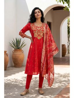 Aurelia - Red Embroidered Round Neck Kurta Leggings with Dupatta