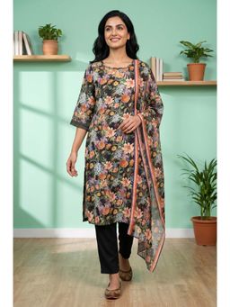 Aurelia - Black Floral Keyhole Neck Kurta Pant with Dupatta