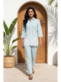Aurelia - Blue Embroidered Collar Neck Co-ord Set