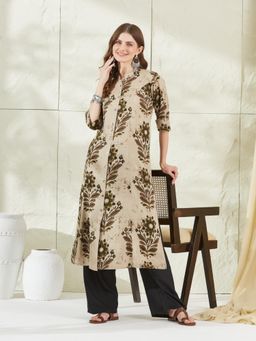 Divena - Beige Rayon Floral Print A-Line Kurta
