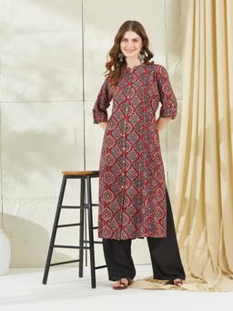 Divena - Maroon Rayon Floral Print A-Line Kurta