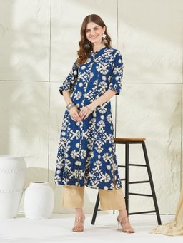 Divena - Blue Rayon Floral Print A-Line Kurta