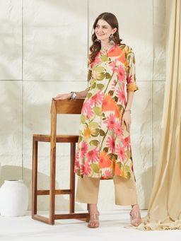 Divena - Multi-Color Rayon Floral Print A-Line Kurta
