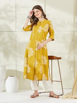 Divena - Mustard Rayon Floral Print A-Line Kurta