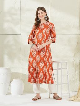 Divena - Orange Rayon Floral Print A-Line Kurta