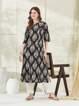 Divena - Black Rayon Floral Print A-Line Kurta